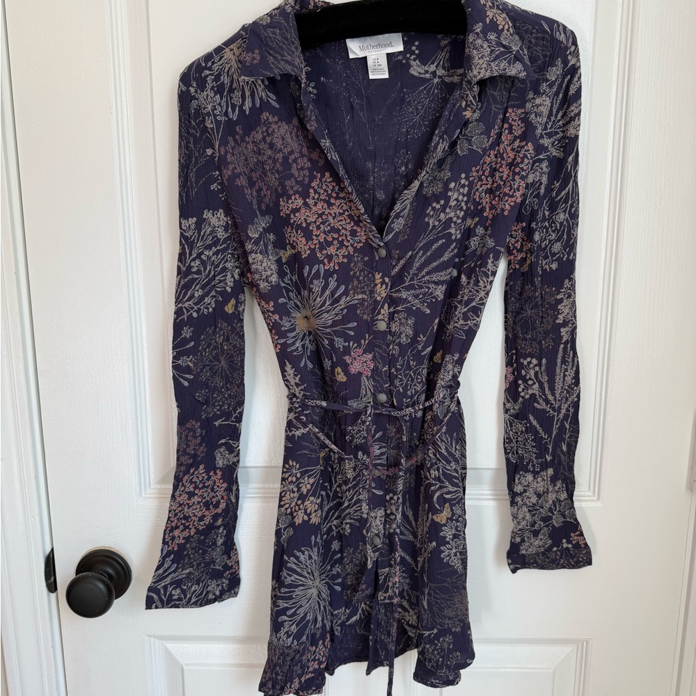 Motherhood Maternity Springtime Navy Floral Long Sleeve Blouse V-Neck, Belted